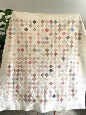 Antique Patchwork Postage Stamps Quilt 80x84 Feedsack Style Vintage Hand Quilted